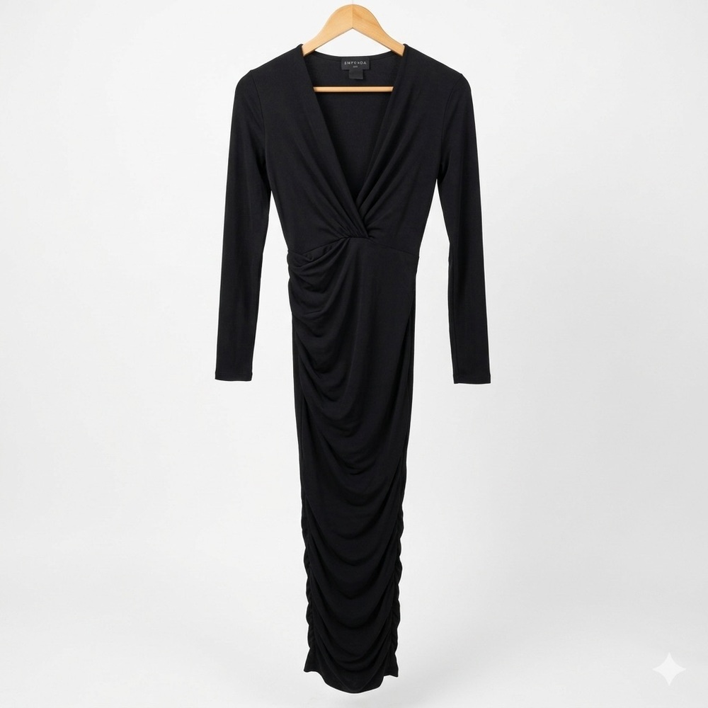 Emprada Black Deep V-Neck Ruched Front Twist Maxi Dress‎ Long Sleeve XS